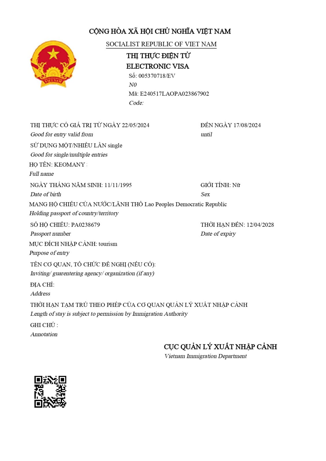 EVISA Vietnam Result