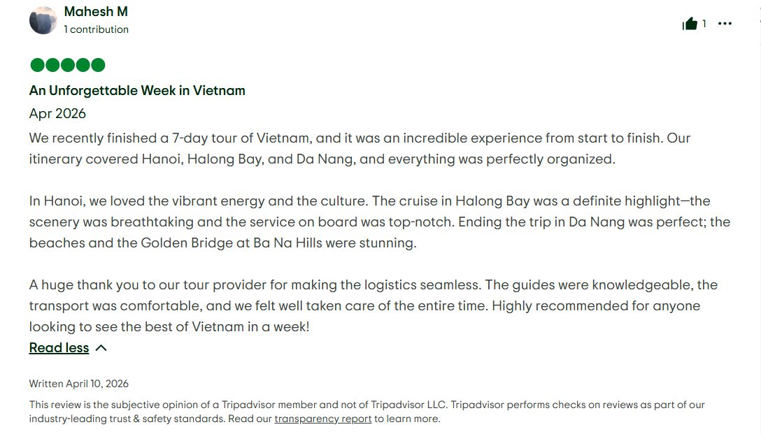 Mr. Mahesh Mohanan's Feedback on Trip Advisor at Vietnam Journeys Group 2026 