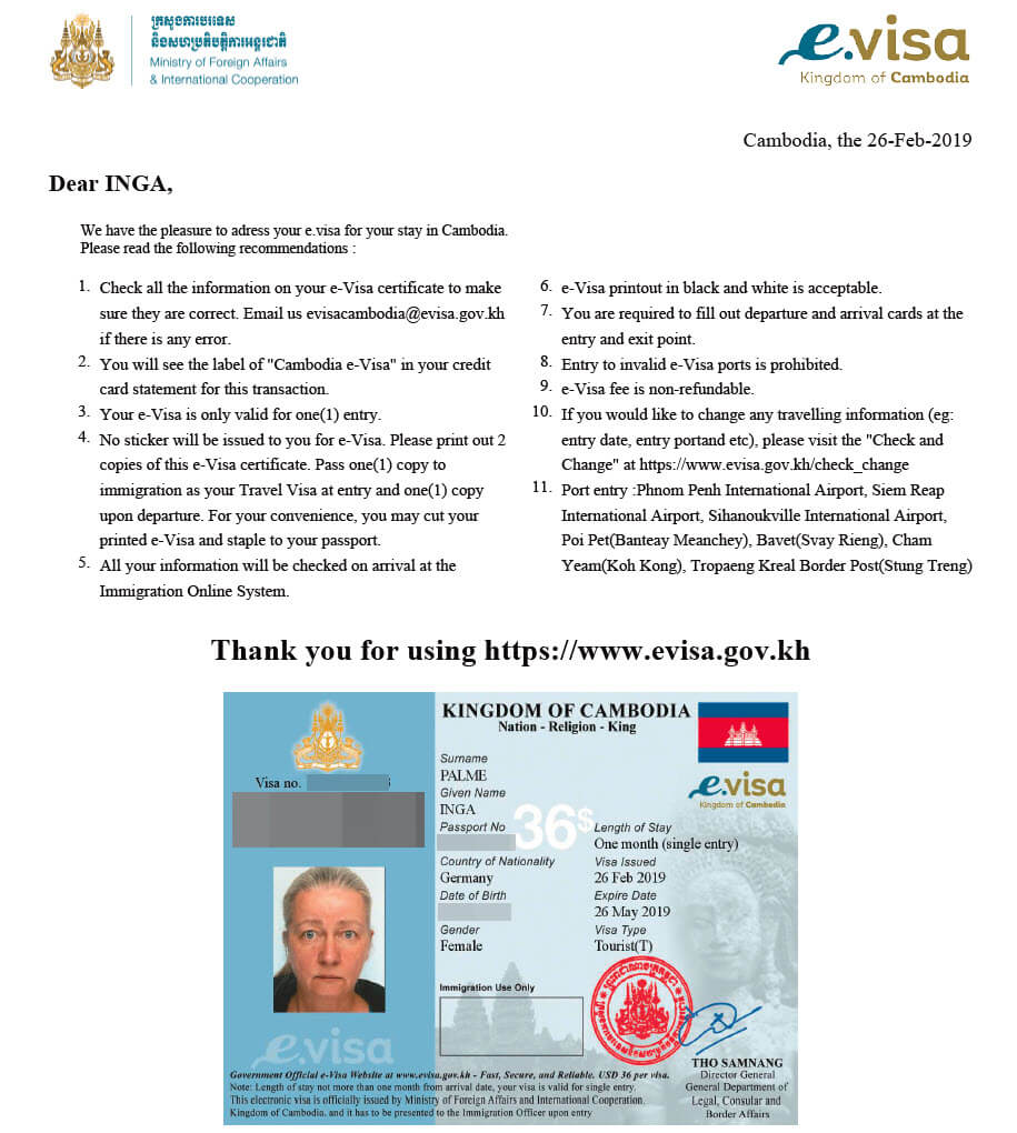 Sample of eVisa Cambodia Result (Source: Collected)